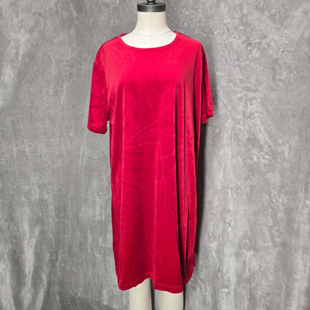 Vtg Denim & Co Red Velvet T-Shirt Dress Short Sleeve USA Made Size 1X Plus Size